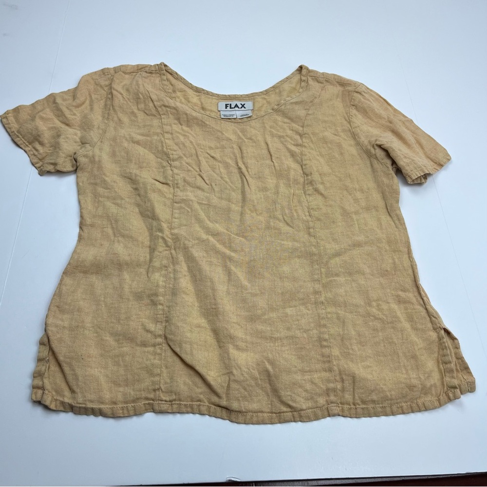 Flax 100% Linen Yellow‎ Red Womens Size Small Short Sleeve Top Shirt *FLAW